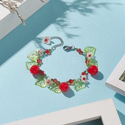 Teacher's Day Theme Resin Apple Charm Bracelets with Acrylic Leaf & Plastic Flower BJEW-JB09209-1