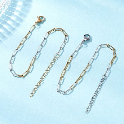 2Pcs 304 Stainless Steel Two Tone Paperclip Chains Bracelets for Women BJEW-JB12741-1