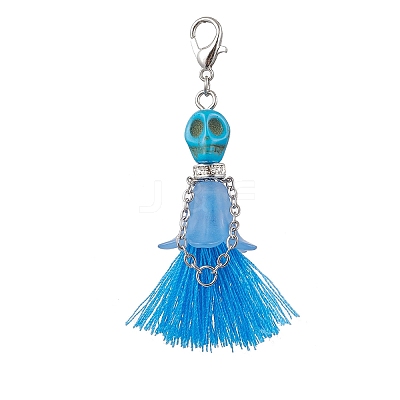 6Pcs 6 Colors Halloween Dyed Synthetic Turquoise Skull & Acrylic Flower Polycotton Tassel Pendant Decorations HJEW-JM03900-1