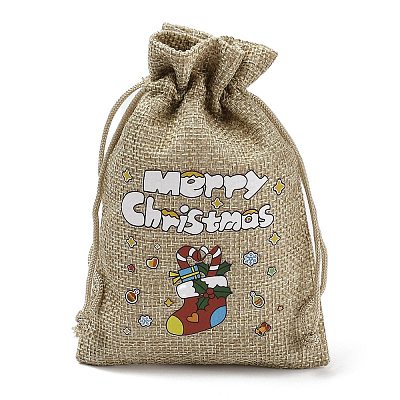 Christmas Printed Burlap Packing Pouches Drawstring Bags ABAG-Q053-02A-04-1