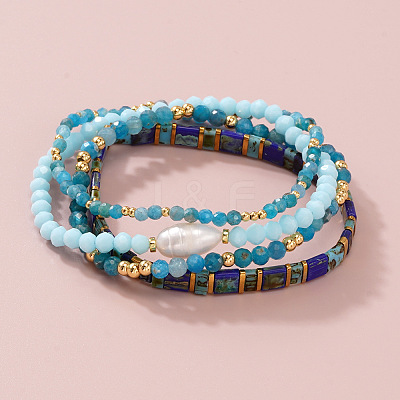 4Pcs 4 Styles Gemstone & Glass & Seed Beads & Brass Beads Stretch Bracelets LN0017-1-1