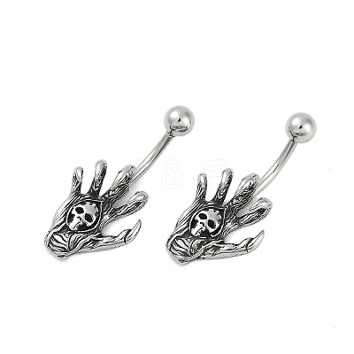 Skull Devil Hand 316 Surgical Stainless Steel Belly Button Rings EJEW-G416-12AS-1