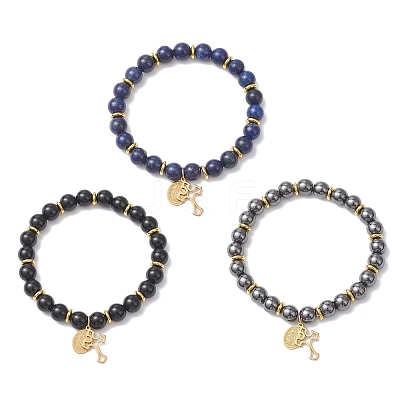 3Pcs Natural Lapis Lazuli & Eyeless Obsidian & Non-Magnetic Synthetic Hematite Beaded Stretch Bracelets BJEW-JB12895-1