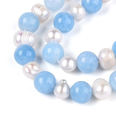 Dyed Natural White Jade Round & Natural Cultured Freshwater Pearl Grooved Potato Beads Strands PEAR-N019-01-1