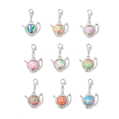 Teapot Handmade Polymer Clay & Tibetan Style Alloy Pendant Decorations HJEW-JM03544-1