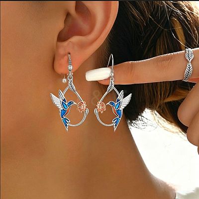 Alloy Enamel Bird & Flower Dangle Earrings for Women WG6BE60-02-1