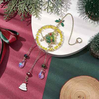 Glass Beads Wire Wrapped Brass Christmas Tree Pendant Decoration X1-HJEW-TA00235-1