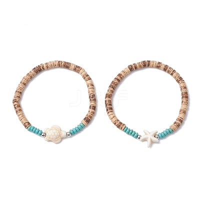 2Pcs Starfish & Tortoise Natural Coconut with Synthetic Turquoise Beads Stretch Bracelets for Men Women BJEW-JB11743-1