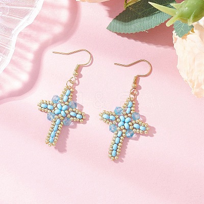 304 Stainless Steel Glass Seeds Cross Dangle Earrings EJEW-MZ00506-06-1