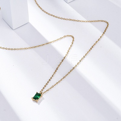 304 Stainless Steel Fern Green Rhinestone Rectangle Pendant Cable Chain Necklaces NJEW-U026-01G-1