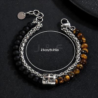 Natural Tiger Eye and Frosted Obsidian Round Beaded 2-Strand Bracelets with 201 Stainless Steel Wheat Chains for Men Women NT5911-3-1