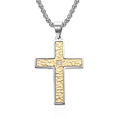 304 Stainless Steel Pave Clear Cubic Zirconia Hammered Religion Cross Pendant Necklaces for Men WG86616-01-1