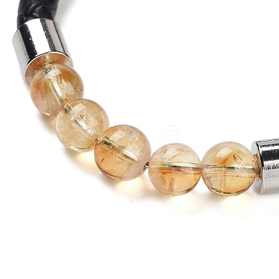 Natural Citrine Round Bead Braided Leather Cord Bracelets for Men Women BJEW-A009-11P-02-1