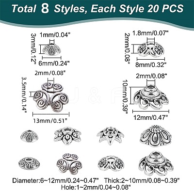 160Pcs 8 Style Tibetan Style Alloy Bead Caps FIND-PH0008-51-1