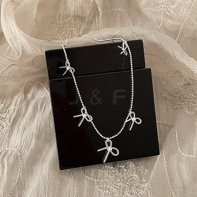 Brass Bowknot Bib Ball Chain Necklaces for Women NJEW-K386-01P-1