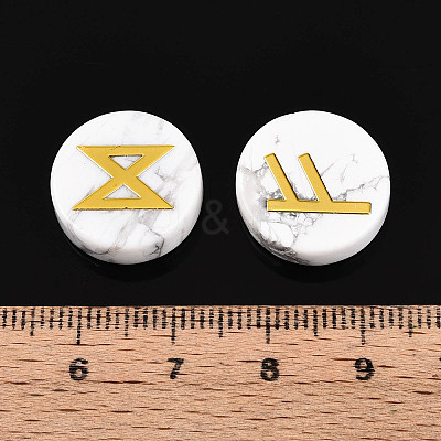 Brass Elder Futhark Alphabet Engraved Symbol Flat Round Natural Howlite Rune Stones G-I373-01F-1