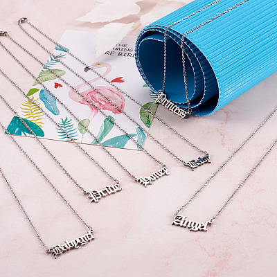 6Pcs 6 Style 304 Stainless Steel Word Pendant Necklace NJEW-KS0001-06P-1