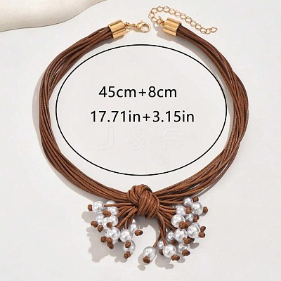 Bohemian Style Round Plastic Pearl & Resin Pendant Multi-Strand Waxed Cord Necklaces with Alloy End Chains FS-WG9073E-01-1