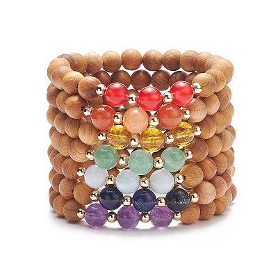 7Pcs 7 Style Natural Wood & Mixed Gemstone Round Beaded Stretch Bracelets Set BJEW-JB08813-1