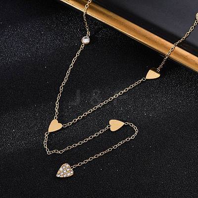 304 Stainless Steel Crystal Rhinestone Heart Lariat Necklaces NJEW-R026-10G-1