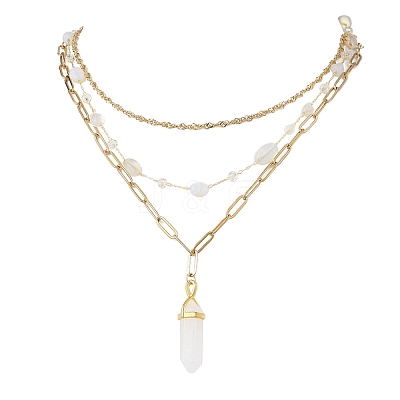 Natural Quartz Crystal Double Terminated Pointed Bullet Pendant 304 Stainless Steel & Brass Chain 3 Layer Necklaces for Women NJEW-JN05477-03-1