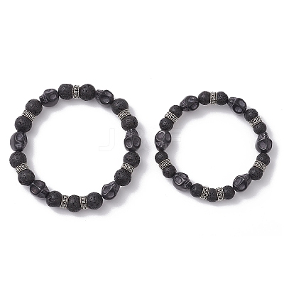 2Pcs 2 Styles Halloween Natural Lava Rock Round & Dyed Synthetic Turquoise Skull Beaded Stretch Bracelet Sets for Women Men BJEW-JB12251-1