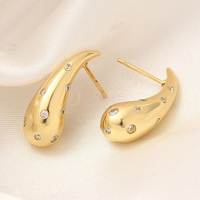 Rack Plating Teardrop Brass Micro Pave Clear Cubic Zirconia Stud Earrings EJEW-H143-18G-1