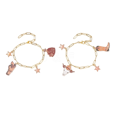 2Pcs 2 Styles West Cowboy Style Alloy Enamel Charm Bracelets BJEW-JB12521-1