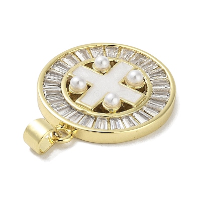 Rack Plating Brass Micro Pave Clear Cubic Zirconia Enamel Pearl
Pendants KK-R163-01A-G-1