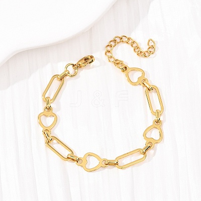 304 Stainless Steel Heart & Paperclip Link Bracelets for Women BJEW-F536-21G-1