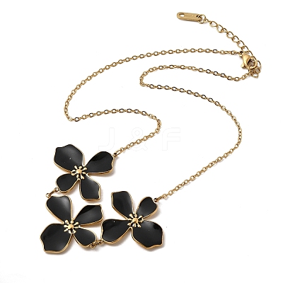 304 Stainless Steel Enamel Black Flower Bib Necklaces for Women NJEW-P352-01G-1
