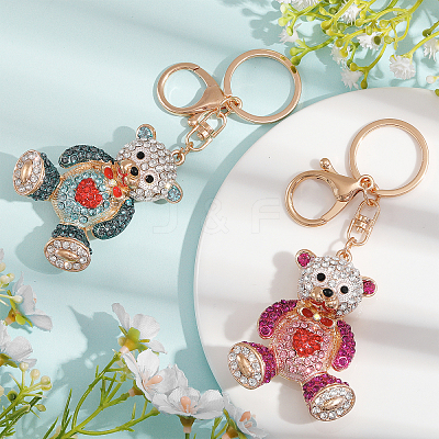 2Pcs 2 Colors Cartoon Heart Bear Rhinestone Pendant Keychain KEYC-CA0001-47-1