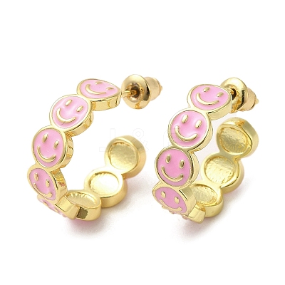 Smiling Face Golden Brass Stud Earrings EJEW-L268-016G-02-1