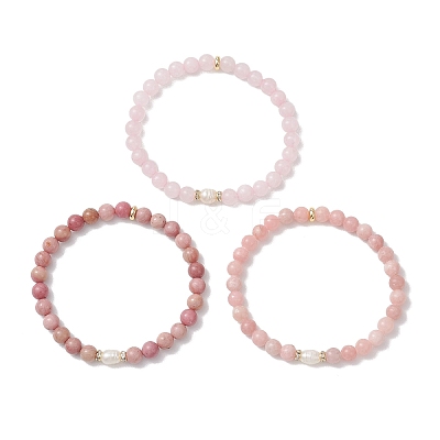 3Pcs Natural Pink Opal & Rhodochrosite & Rose Quartz Round Beads Stretch Bracelets for Women BJEW-JB13055-1