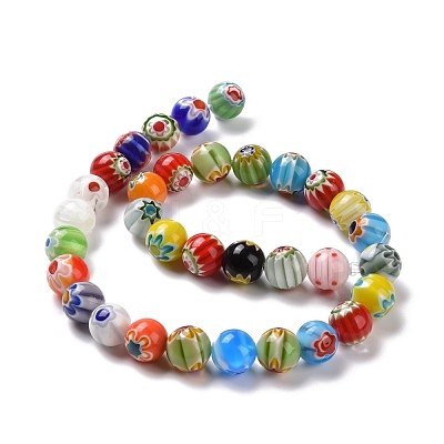 Millefiori Glass Round-Single Flower Bead Strands LK16-1