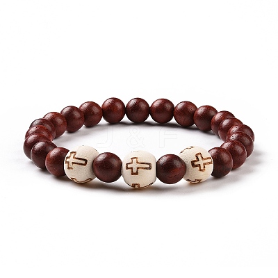 4Pcs Cross Pattern Wood Beads Stretch Bracelets Set for Women Men BJEW-JB08931-1