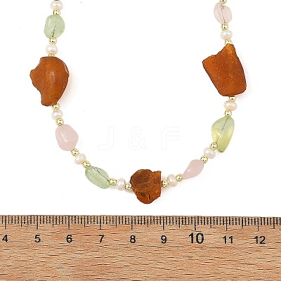 Natural Amber & Rose Quartz & Prehnite & Freshwater Pearl Beaded Necklaces NJEW-JN06490-1