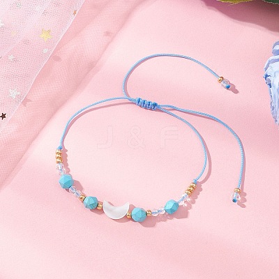 Synthetic Turquoise & Natural Freshwater Shell Moon Charm Bracelets BJEW-MZ00303-01-1