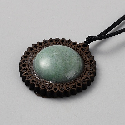 Natural Green Aventurine & Wood Flower Pendant Necklace with Adjustable Nylon Cords NJEW-WH0002-118C-1