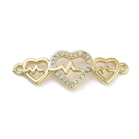 Rack Plating Brass Micro Pave Clear Cubic Zirconia Triple Heart Connector KK-Z064-32G-1