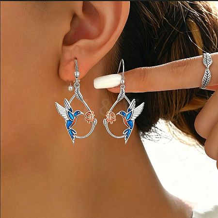 Alloy Enamel Bird & Flower Dangle Earrings for Women WG6BE60-02-1