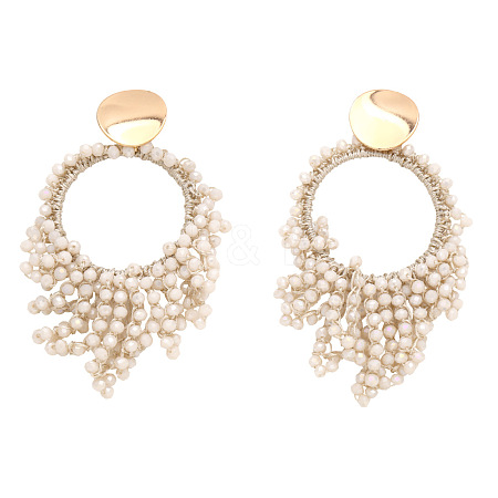 Flat Round Brass Glass Bead Dangle Stud Earrings FS-WG04037-04-1