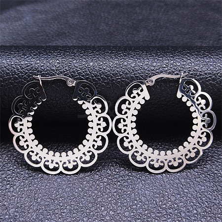 Non-Tarnish 304 Stainless Steel Hollow Flower Hoop Earrings EJEW-P248-03P-1