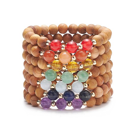 7Pcs 7 Style Natural Wood & Mixed Gemstone Round Beaded Stretch Bracelets Set BJEW-JB08813-1