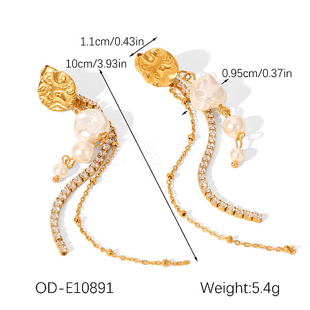 304 Stainless Steel & Clear Cubic Zirconia & Natural Freshwater Pearl Tassel Stud Dangle Earrings WG6C0B9-04-1