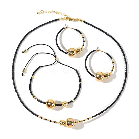Bohemian Style Brass & Glass Beaded Bracelet & Necklace & Earrings Set for Women AF6030-4-1