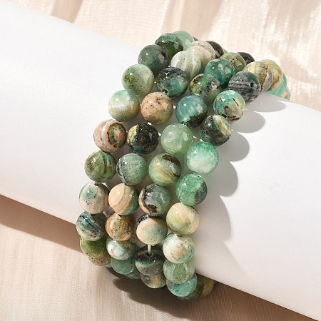 Natural Green Line Jasper Round Beaded Stretch Bracelets for Women BJEW-F535-02B-1