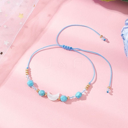 Synthetic Turquoise & Natural Freshwater Shell Moon Charm Bracelets BJEW-MZ00303-01-1