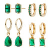 ANATTASOUL 4 Pairs 4 Style Green Cubic Zirconia Teardrop Dangle Leverback Earrings & Rectangle Stud Earring & Hoop Earrings EJEW-AN0001-91-1