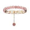 Natural Strawberry Quartz & White Moonstone & Pearl Beaded Stretch Bracelet with Tassel Charms for Women BJEW-JB09009-01-1